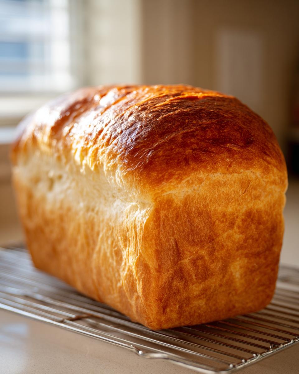 A golden brown, shiny yeast bread loaf cooling on a wire rack after baking.