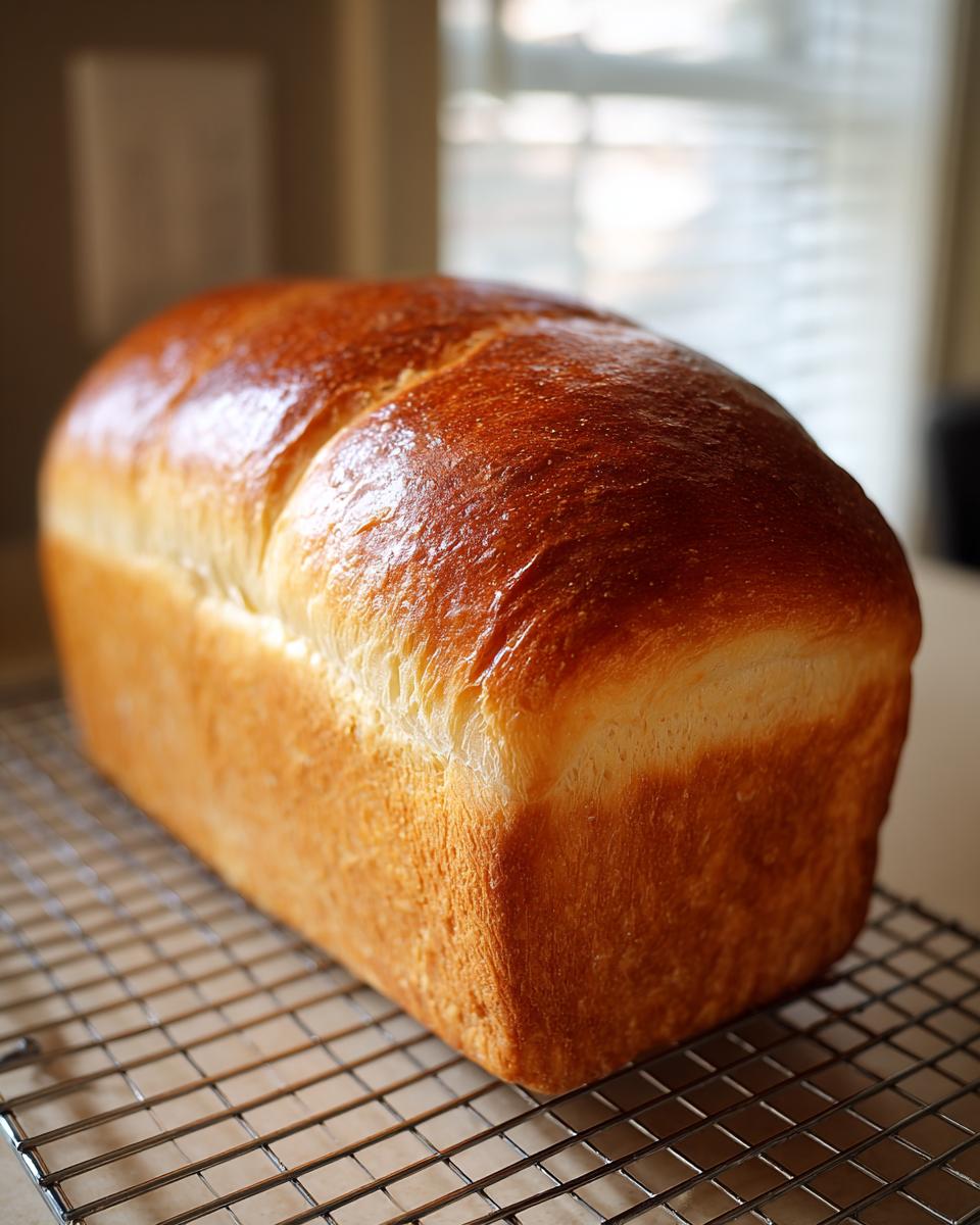 A golden-brown, shiny yeast bread loaf cooling on a wire rack after baking.
