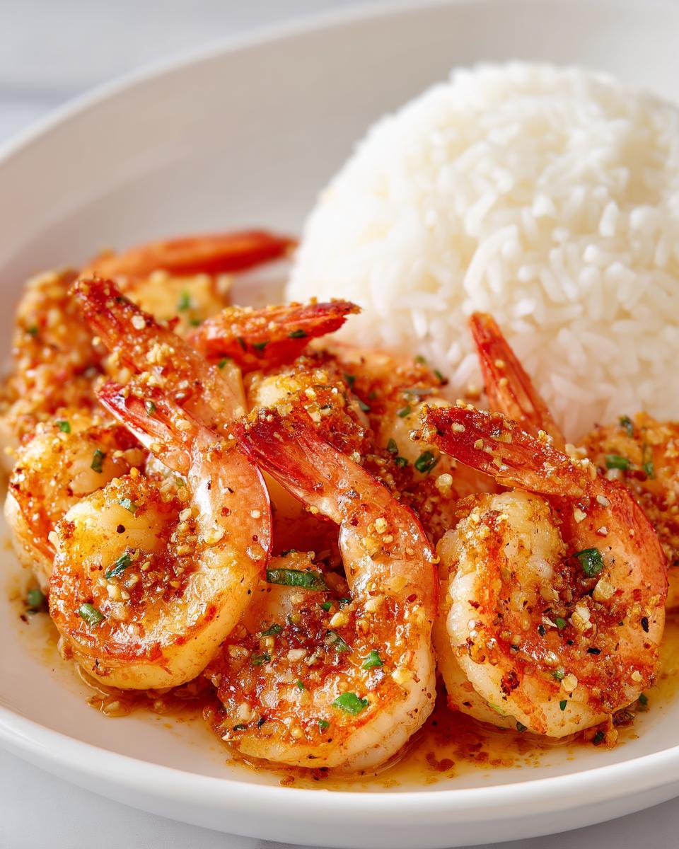 Close-up of juicy hawaiian garlic shrimp and rice plated on a white dish.