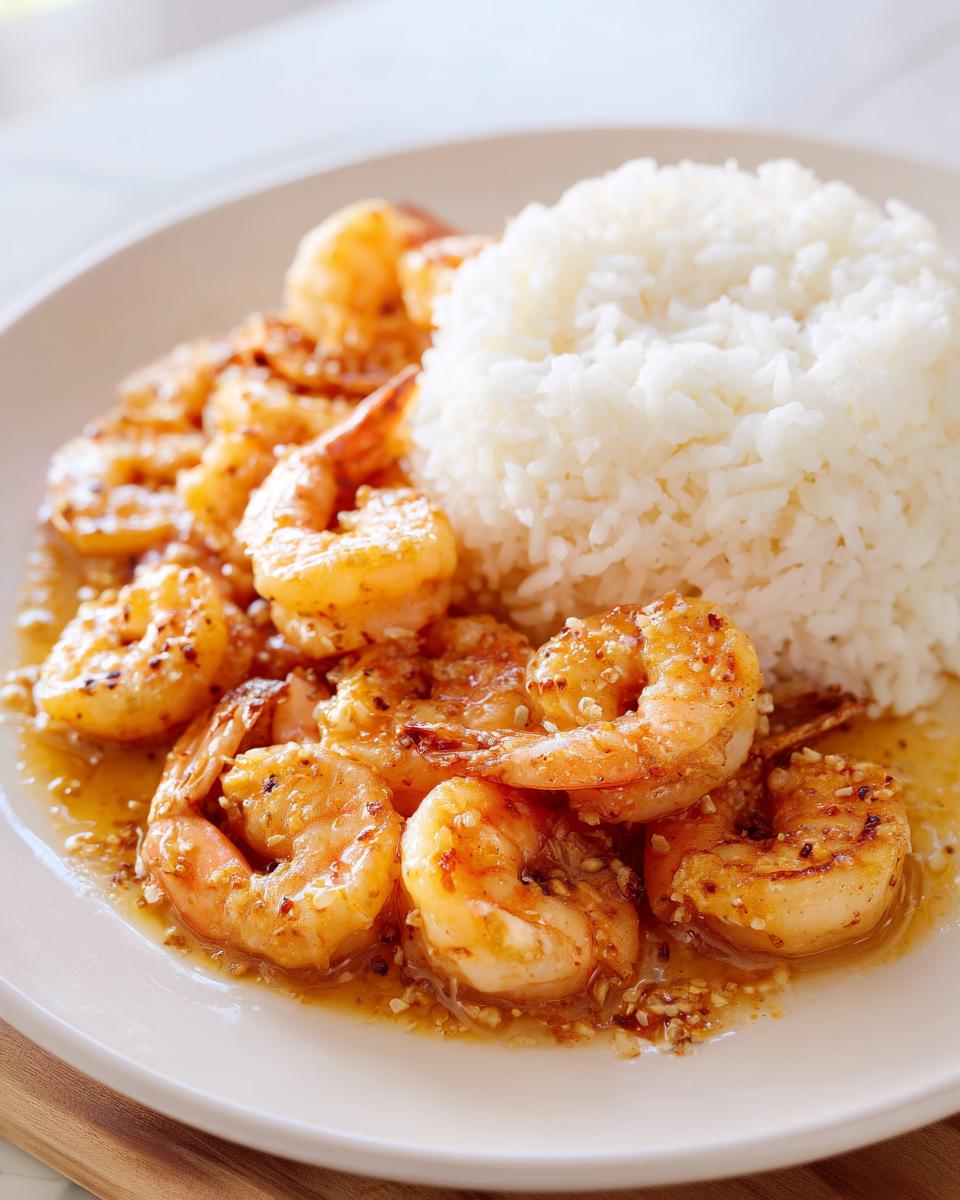 Close-up of delicious Hawaiian garlic shrimp and rice served on a white plate.