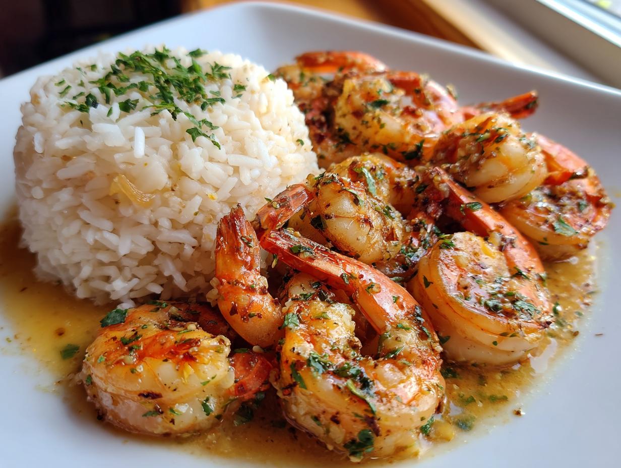 Close-up of a plate featuring glistening Hawaiian garlic shrimp in butter sauce next to a mound of white rice.
