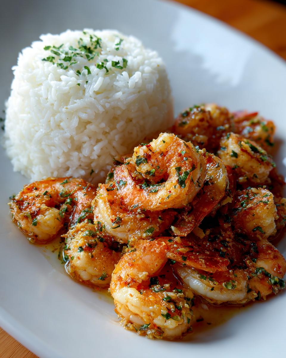 Close-up of succulent Hawaiian garlic shrimp and rice served on a white plate, garnished with parsley.