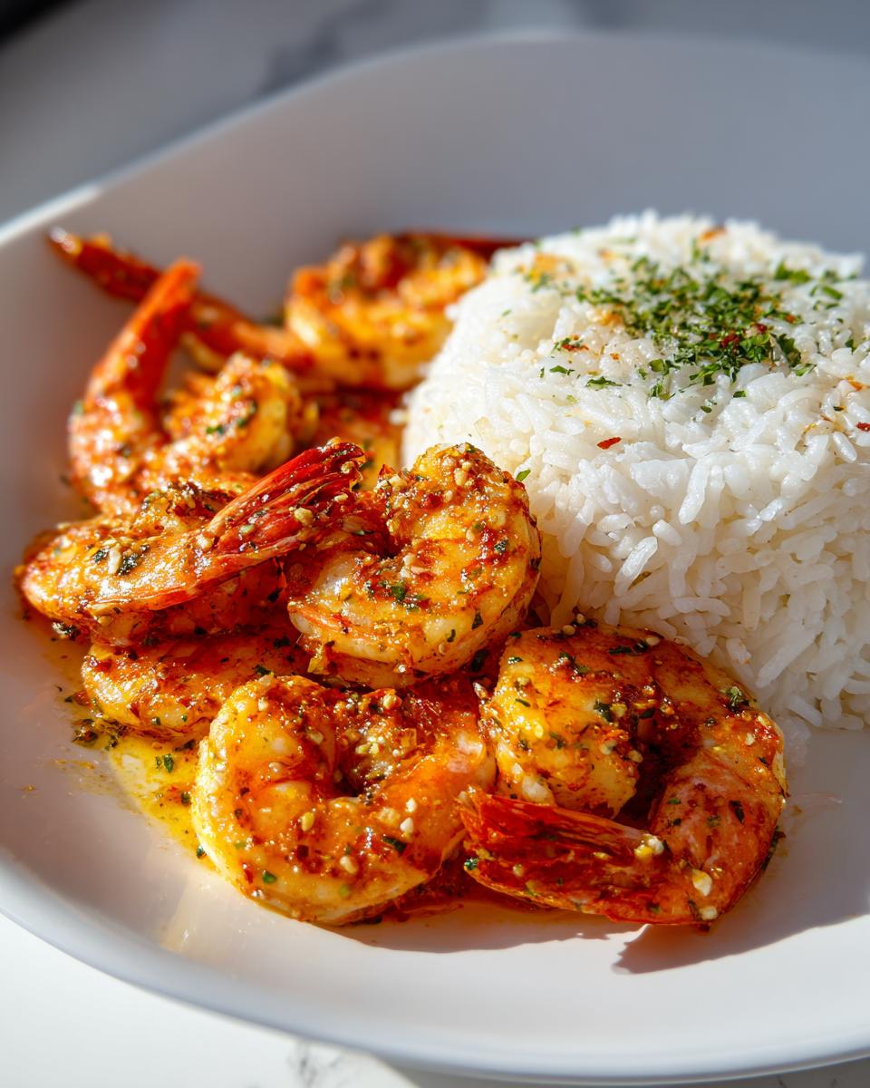 Close-up of juicy hawaiian garlic shrimp and rice topped with parsley flakes on a white plate.