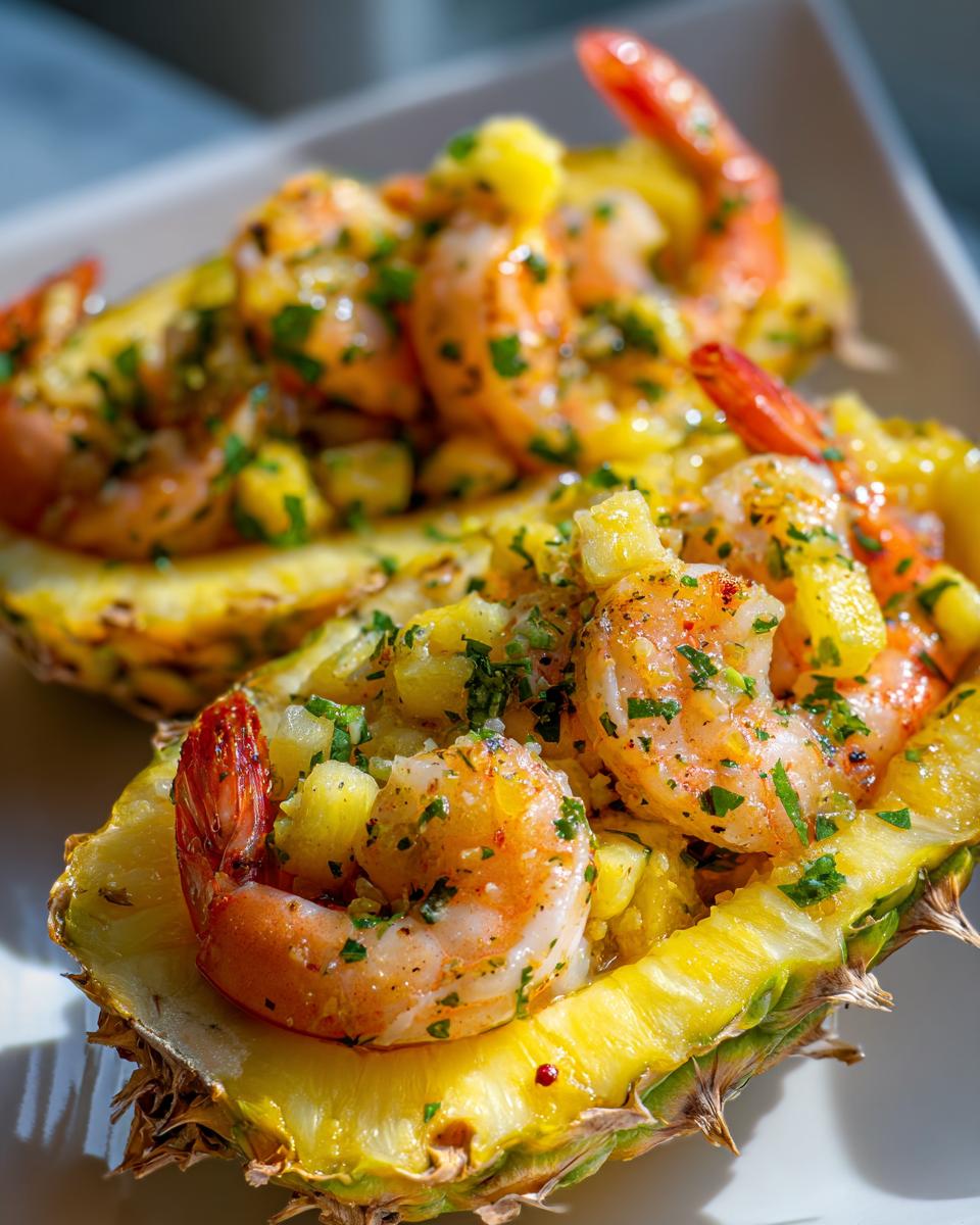 Close-up of cooked Hawaiian garlic shrimp served inside hollowed-out pineapple halves, garnished with pineapple chunks and parsley.