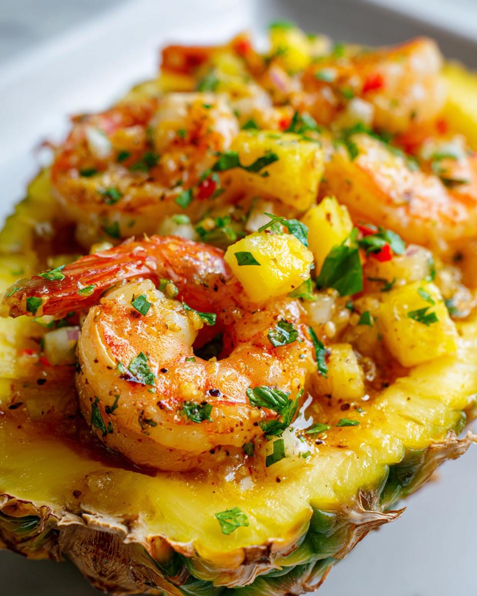 Close-up of seasoned Hawaiian garlic shrimp served inside a hollowed-out pineapple half.