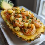Close-up of juicy Hawaiian garlic shrimp and pineapple chunks served inside a hollowed-out pineapple half.