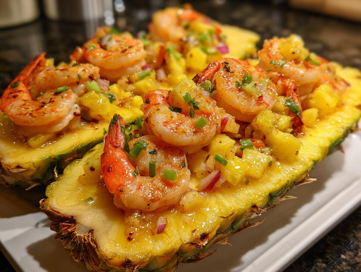 Close-up of seasoned Hawaiian garlic shrimp served inside hollowed-out pineapple halves with pineapple salsa.