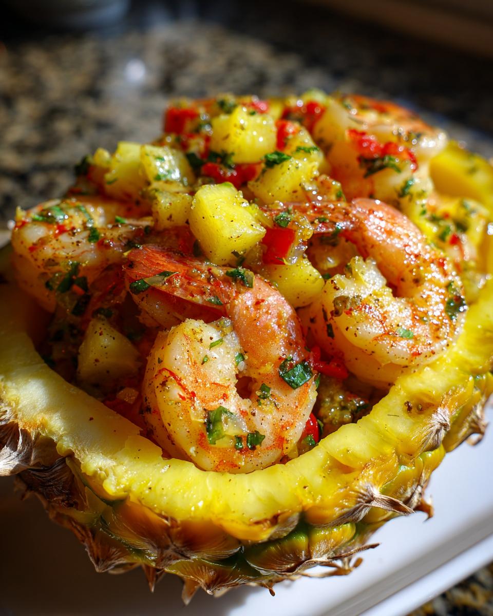Close-up of juicy Hawaiian garlic shrimp served inside a hollowed-out pineapple half.