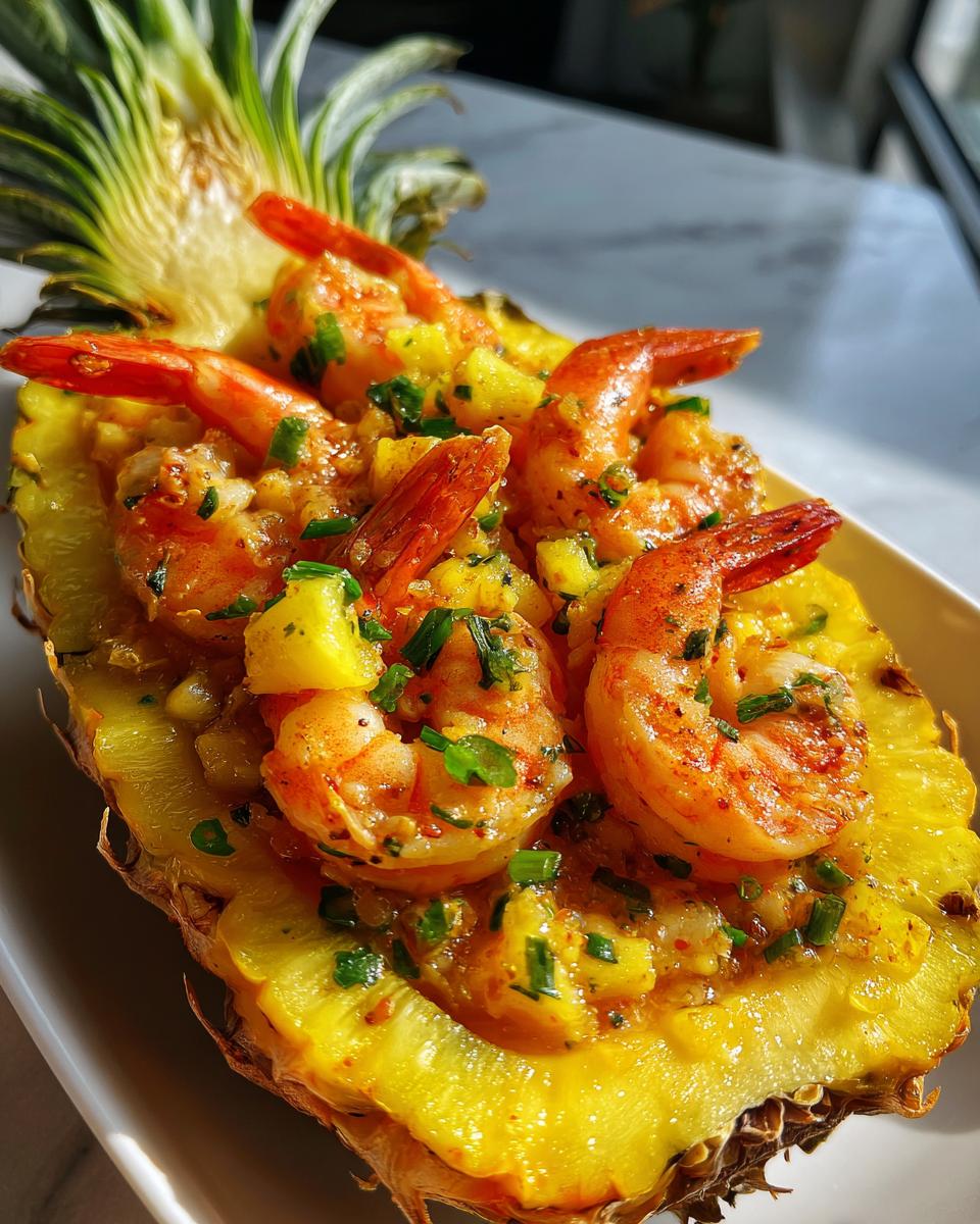 Close-up of vibrant Hawaiian garlic shrimp in pineapple served inside a hollowed-out pineapple half.