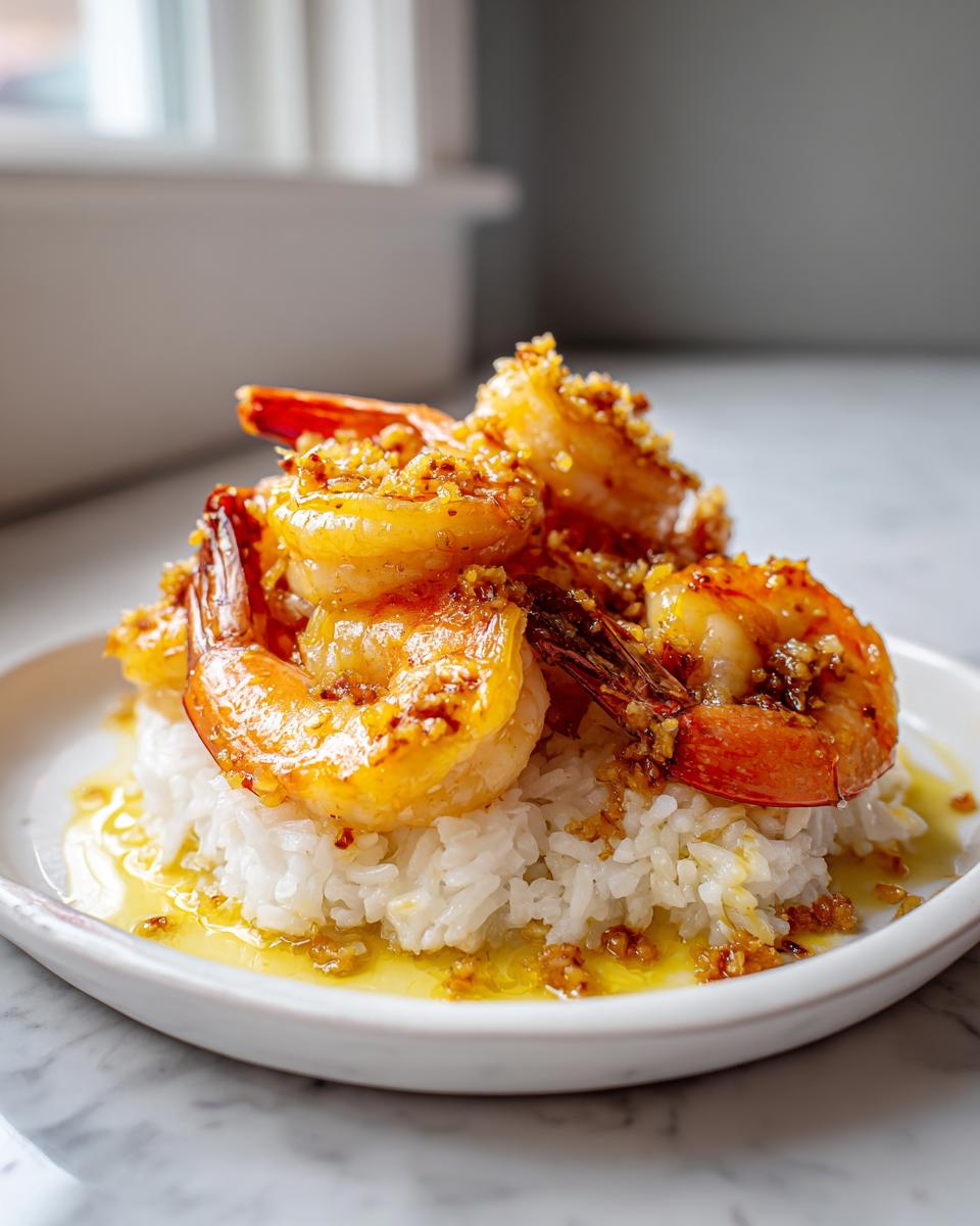 Close-up of succulent Hawaiian garlic shrimp served over a bed of white rice, glistening with garlic butter sauce.