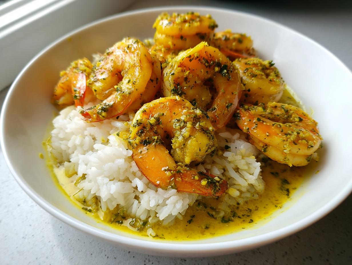 Close-up of vibrant Hawaiian garlic shrimp coated in a yellow, herby sauce served over white rice in a white bowl.