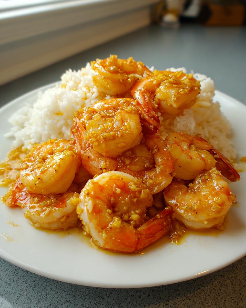 Close-up of juicy Hawaiian garlic shrimp coated in a rich, buttery garlic sauce served over a mound of white rice on a white plate.