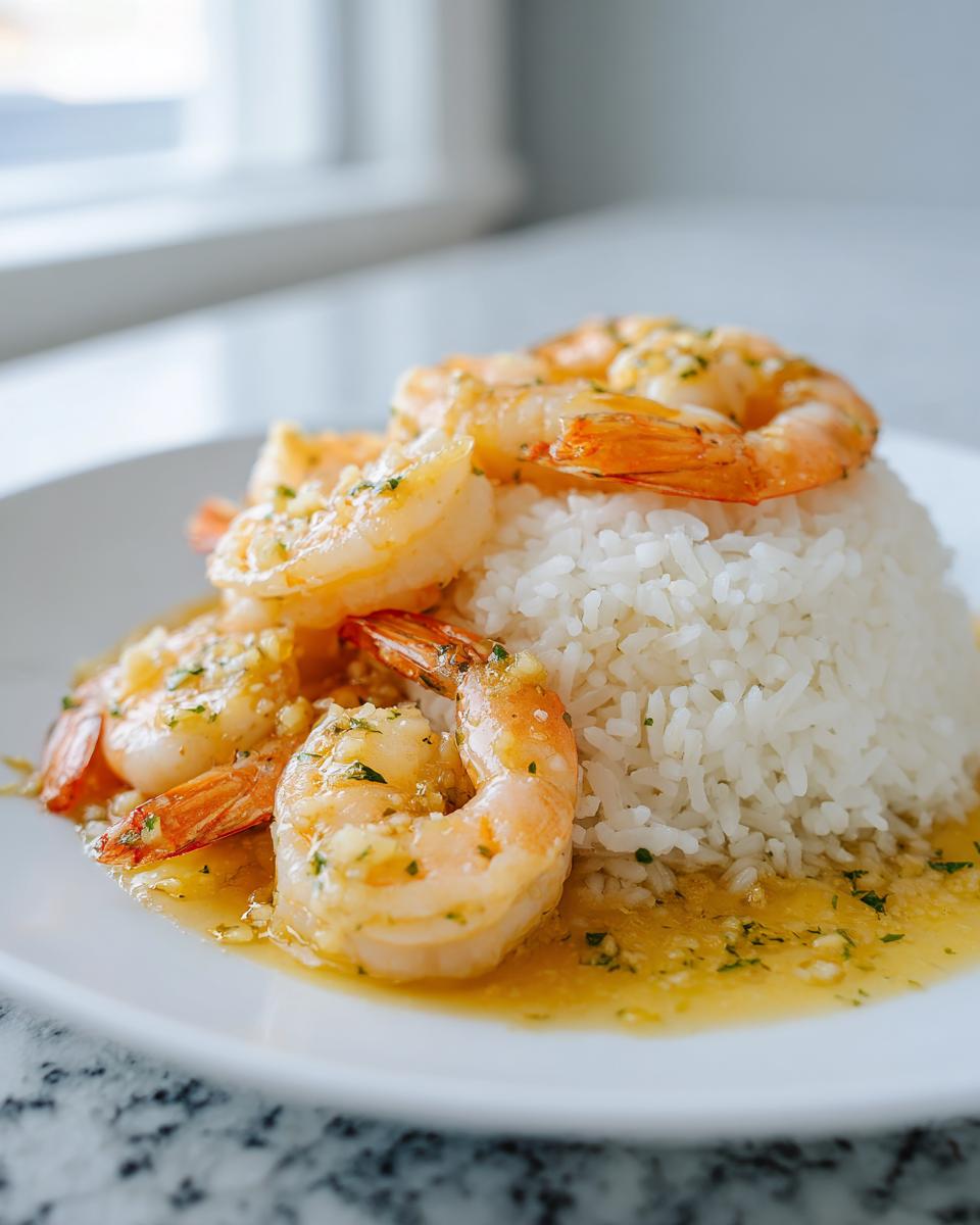 Close-up of succulent Hawaiian garlic shrimp generously coated in garlic butter sauce, served atop a mound of fluffy white rice.