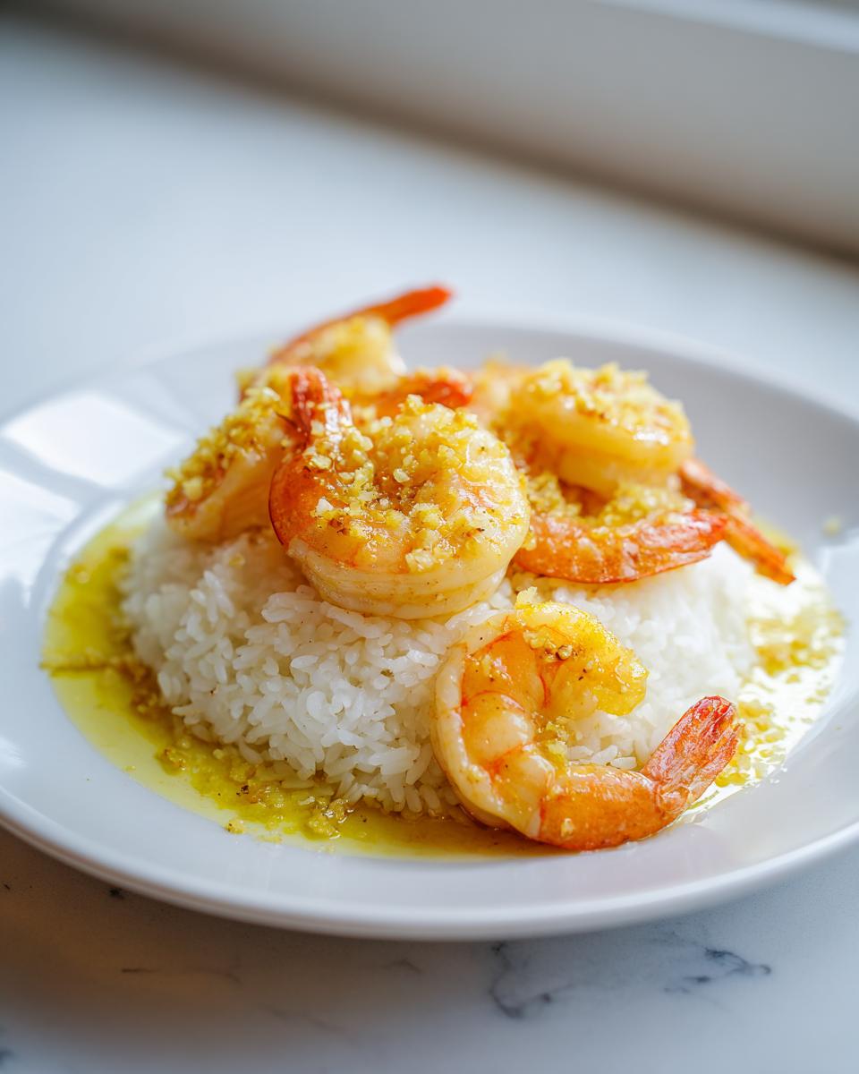 Plump, orange shrimp topped with garlic resting on a bed of white rice, drizzled with garlic butter sauce.