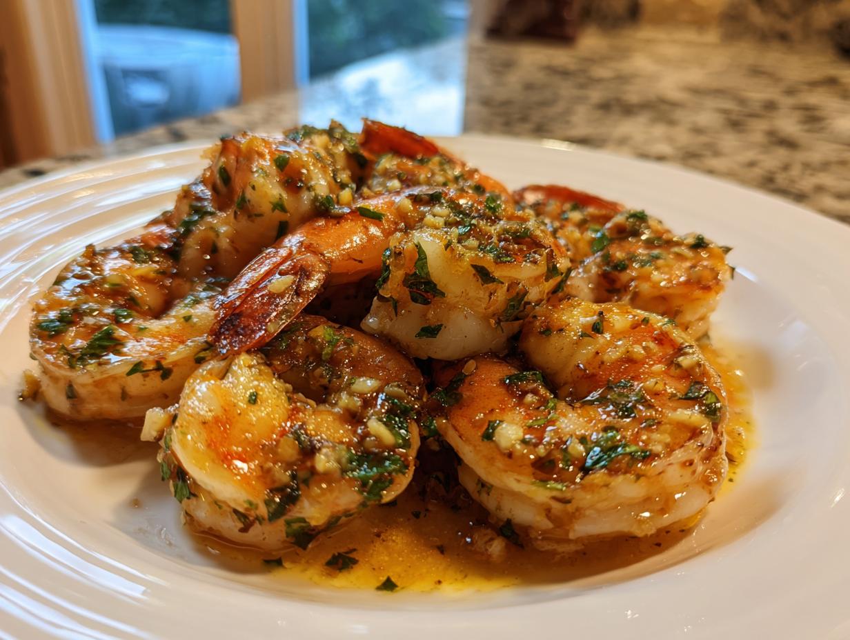 Close-up of juicy, sautéed shrimp coated in a rich garlic butter sauce, representing Hawaiian garlic shrimp scampi.