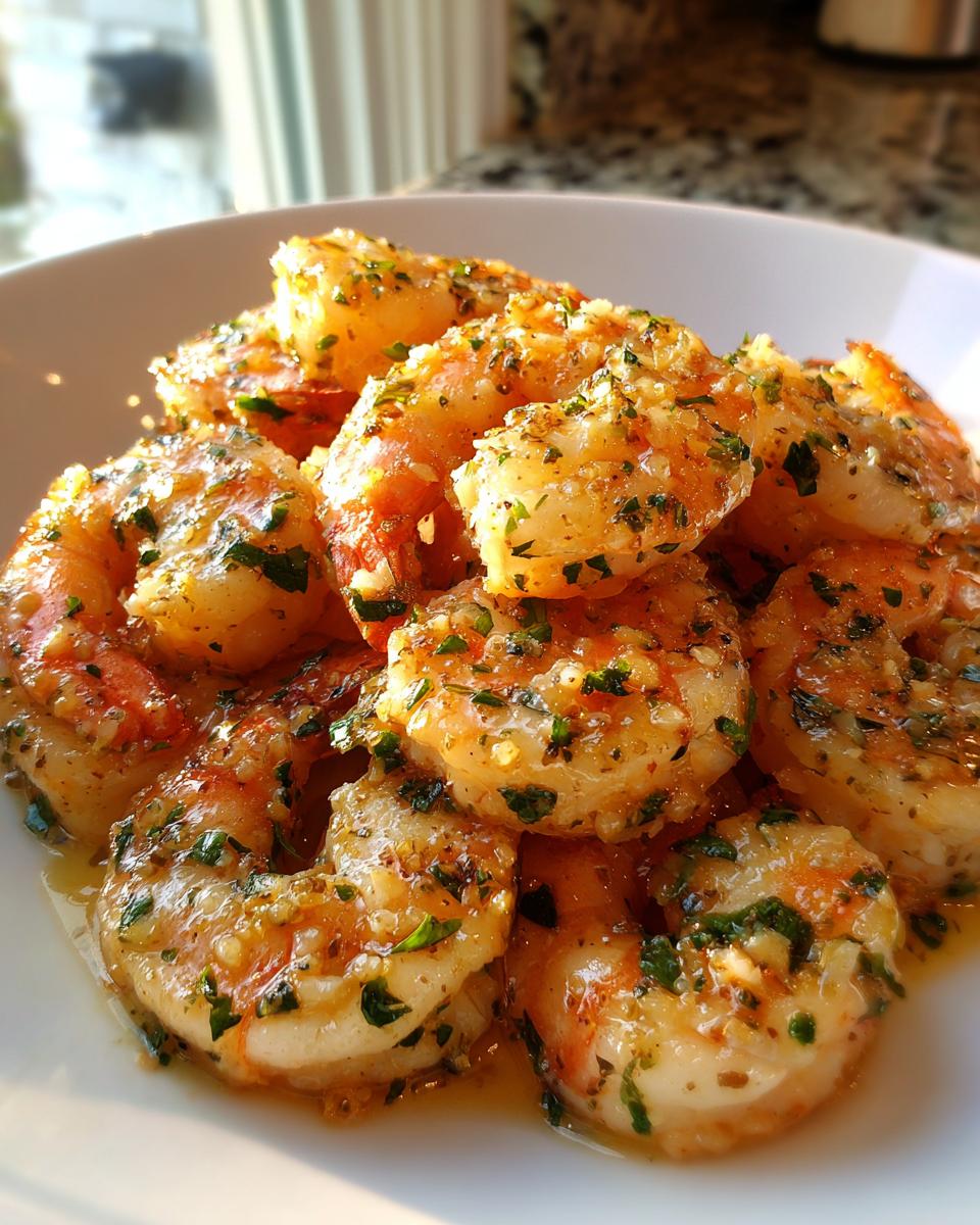 Close-up of succulent hawaiian garlic shrimp scampi coated in butter, garlic, and fresh parsley.