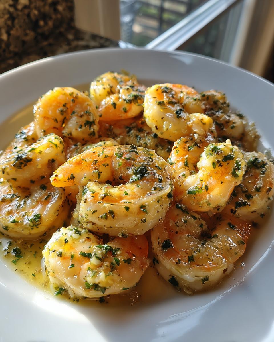 Close-up of juicy, plump shrimp coated in a buttery, garlicky sauce, ready to eat Hawaiian garlic shrimp scampi.