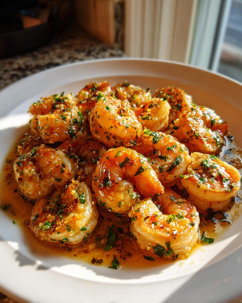 Close-up of juicy hawaiian garlic shrimp scampi coated in buttery garlic sauce and fresh parsley on a white plate.