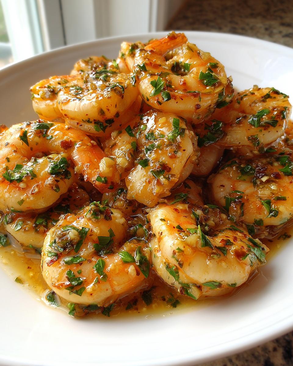 A close-up of juicy shrimp coated in a rich, buttery sauce with visible garlic and parsley, representing hawaiian garlic shrimp scampi.