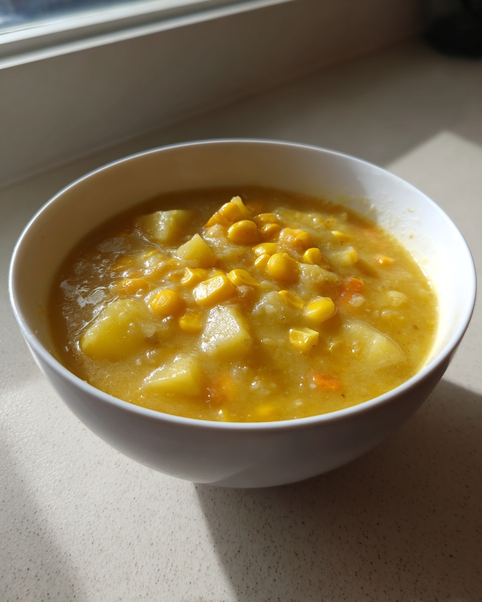 A close-up of a white bowl filled with thick, yellow corn chowder soup containing visible chunks of potato and corn kernels.