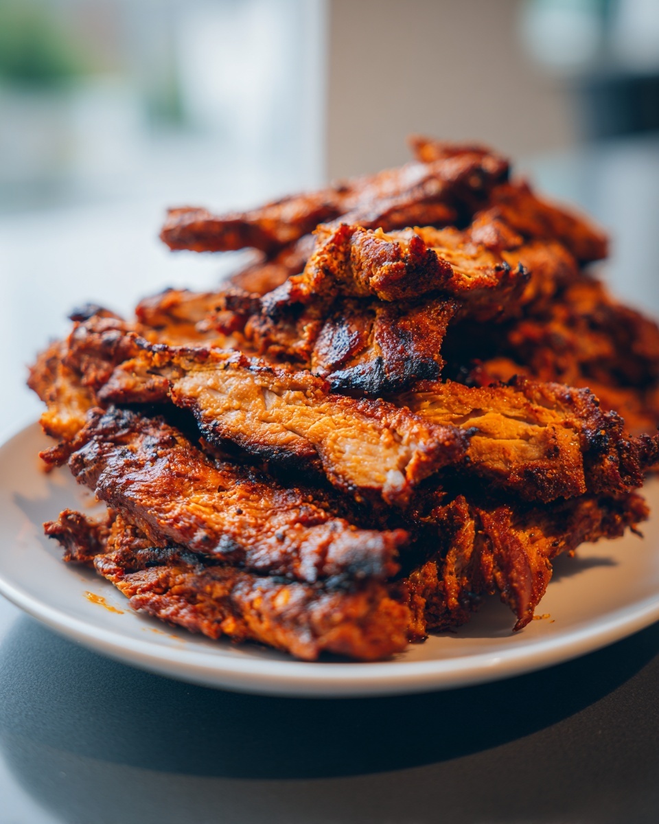 Close-up of a white plate piled high with richly seasoned and grilled slices of homemade chicken doner kebab.