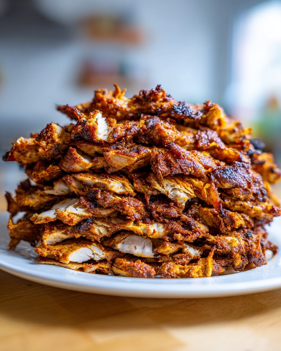 A tall stack of thinly sliced, richly seasoned, and slightly charred meat ready for homemade chicken doner kebab.