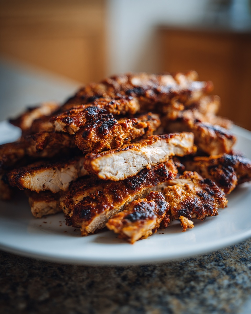 Close-up of sliced, seasoned, and charred homemade chicken doner kebab piled on a white plate.