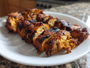 Close-up of seasoned and grilled slices of homemade chicken doner kebab meat on a white plate.