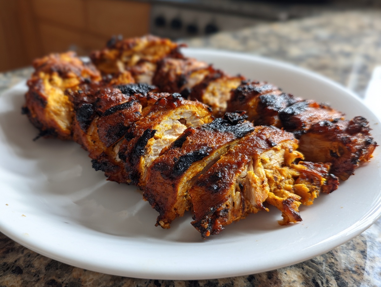 Close-up of seasoned and grilled slices of homemade chicken doner kebab meat on a white plate.