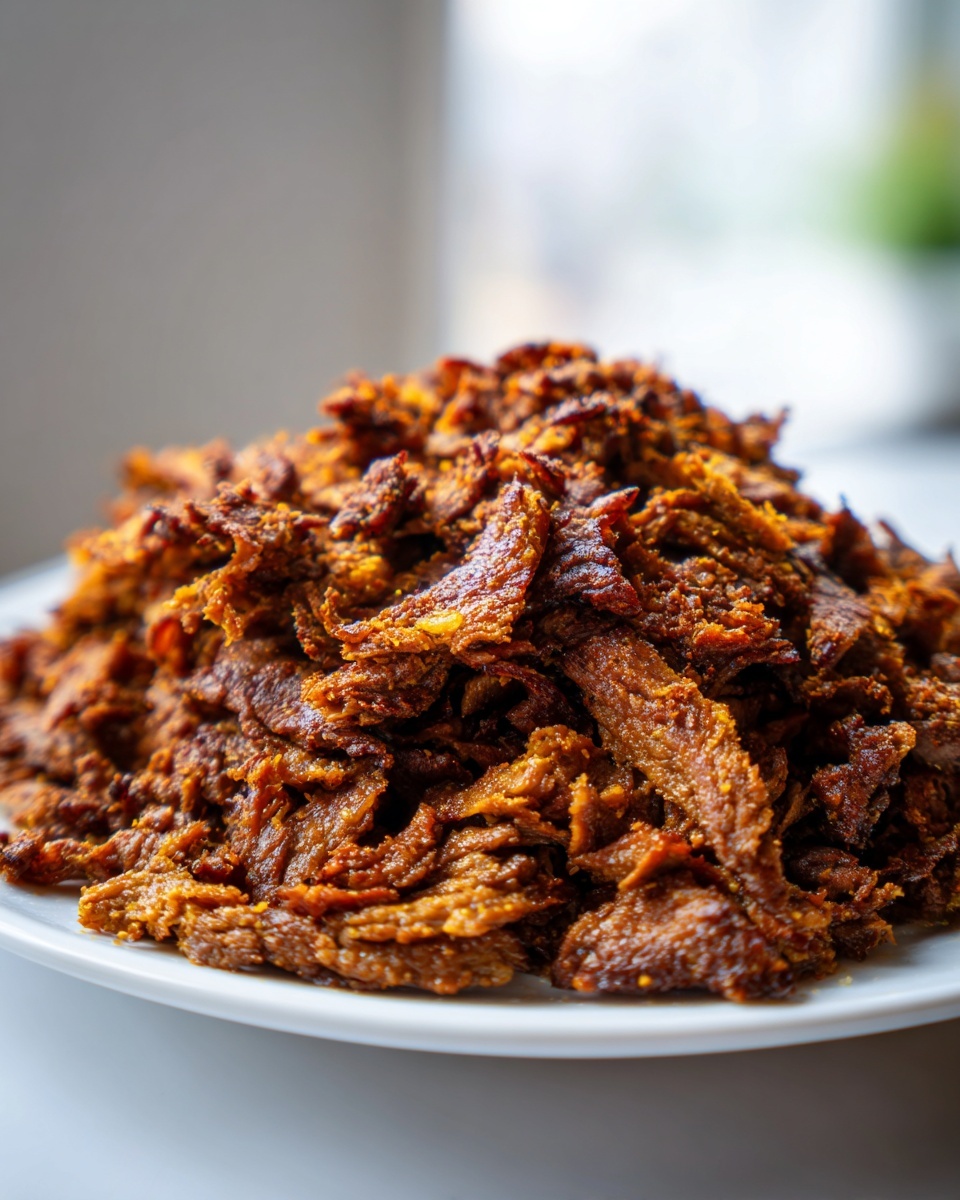 Close-up of a generous pile of richly seasoned, crispy homemade doner kebab meat served on a white plate.