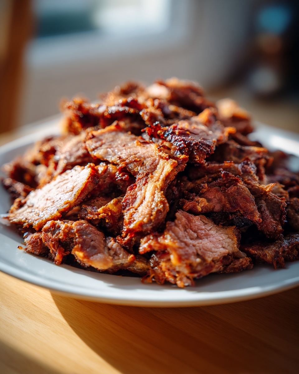 A close-up of a white plate piled high with freshly sliced, seasoned homemade doner kebab meat.