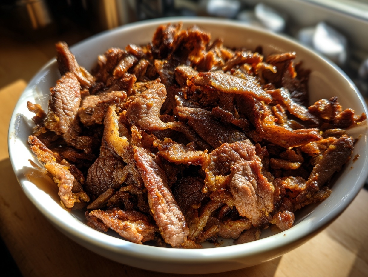Close-up of thinly sliced, seasoned homemade doner kebab meat piled high in a white bowl.