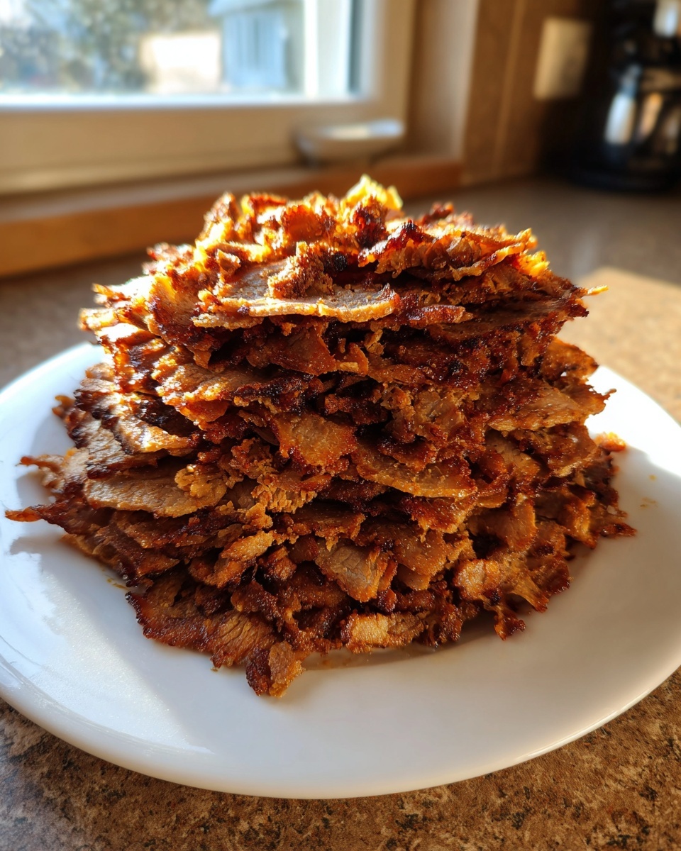 A tall stack of thinly sliced, crispy, spiced meat ready for homemade doner kebab, sitting on a white plate.