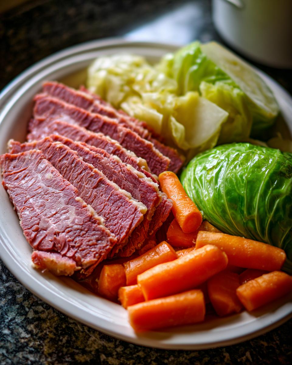 A white plate featuring sliced instant pot corned beef and cabbage with cooked carrots.