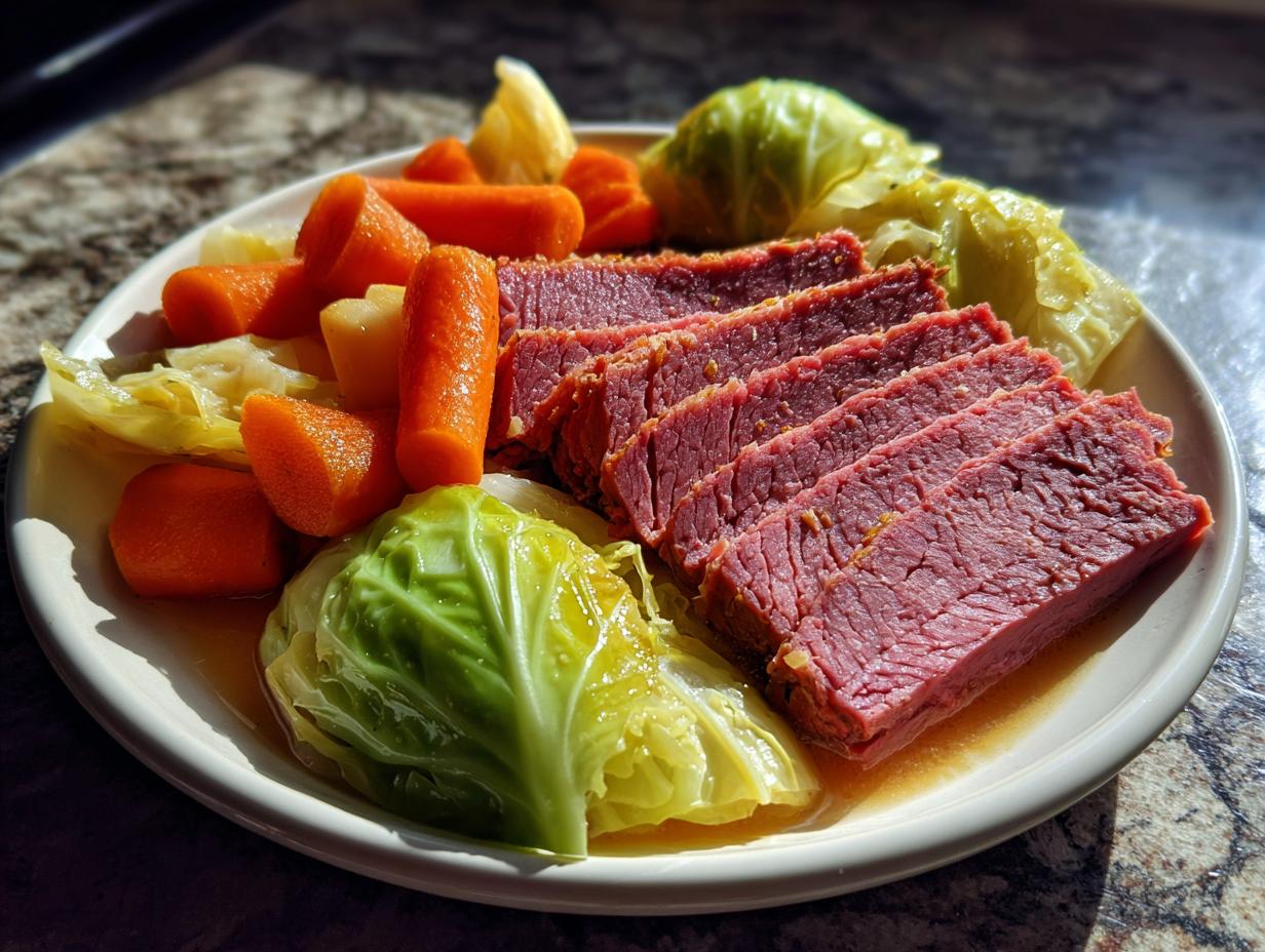 A plate featuring slices of pink instant pot corned beef and cabbage with carrots and potatoes.