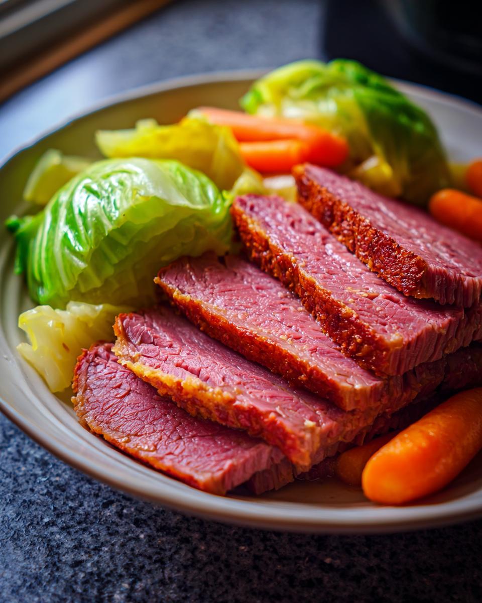 Slices of perfectly cooked instant pot corned beef and cabbage served on a plate with carrots.