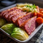Slices of pink corned beef served with cooked cabbage wedges and carrots, the perfect instant pot corned beef and cabbage.