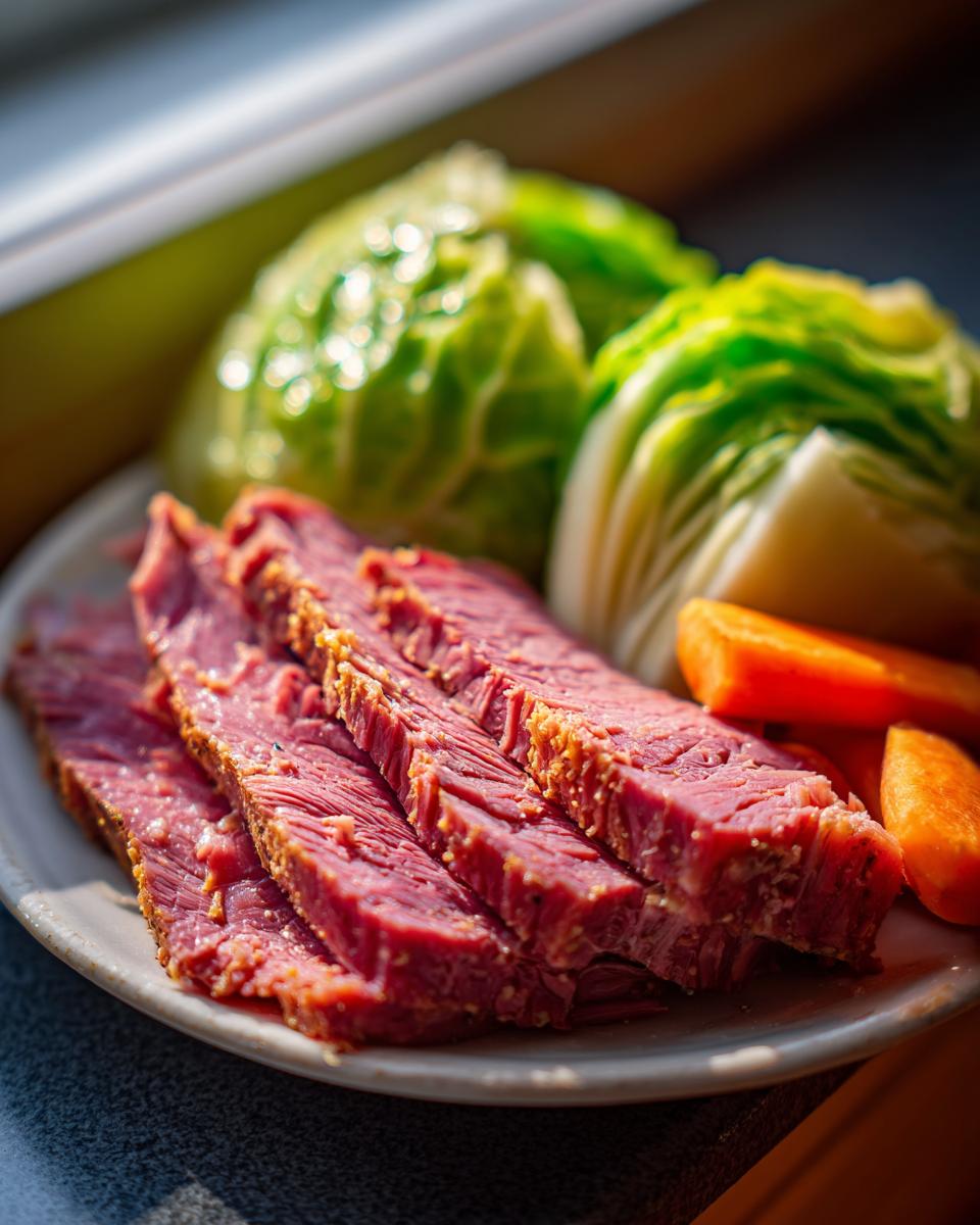 Four slices of tender corned beef served with wedges of boiled cabbage and carrots, perfect for instant pot corned beef and cabbage.