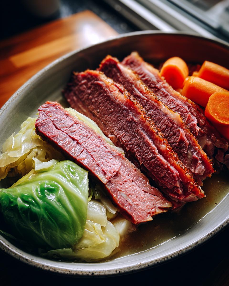 Slices of tender corned beef served with cooked cabbage and carrots, ready to eat from the instant pot corned beef and cabbage recipe.