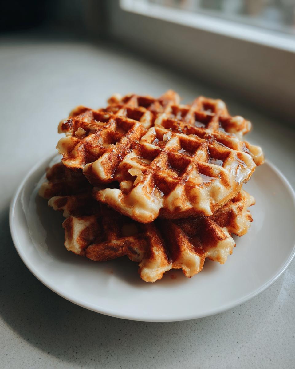 A stack of golden brown cottage cheese waffles drizzled with syrup on a white plate.
