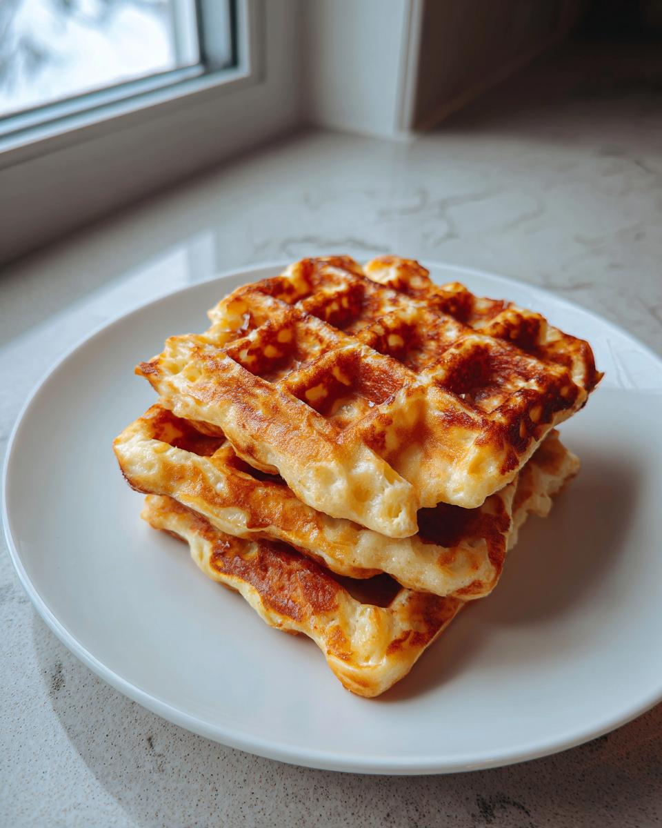 A stack of golden brown cottage cheese waffles served on a white plate near a window.