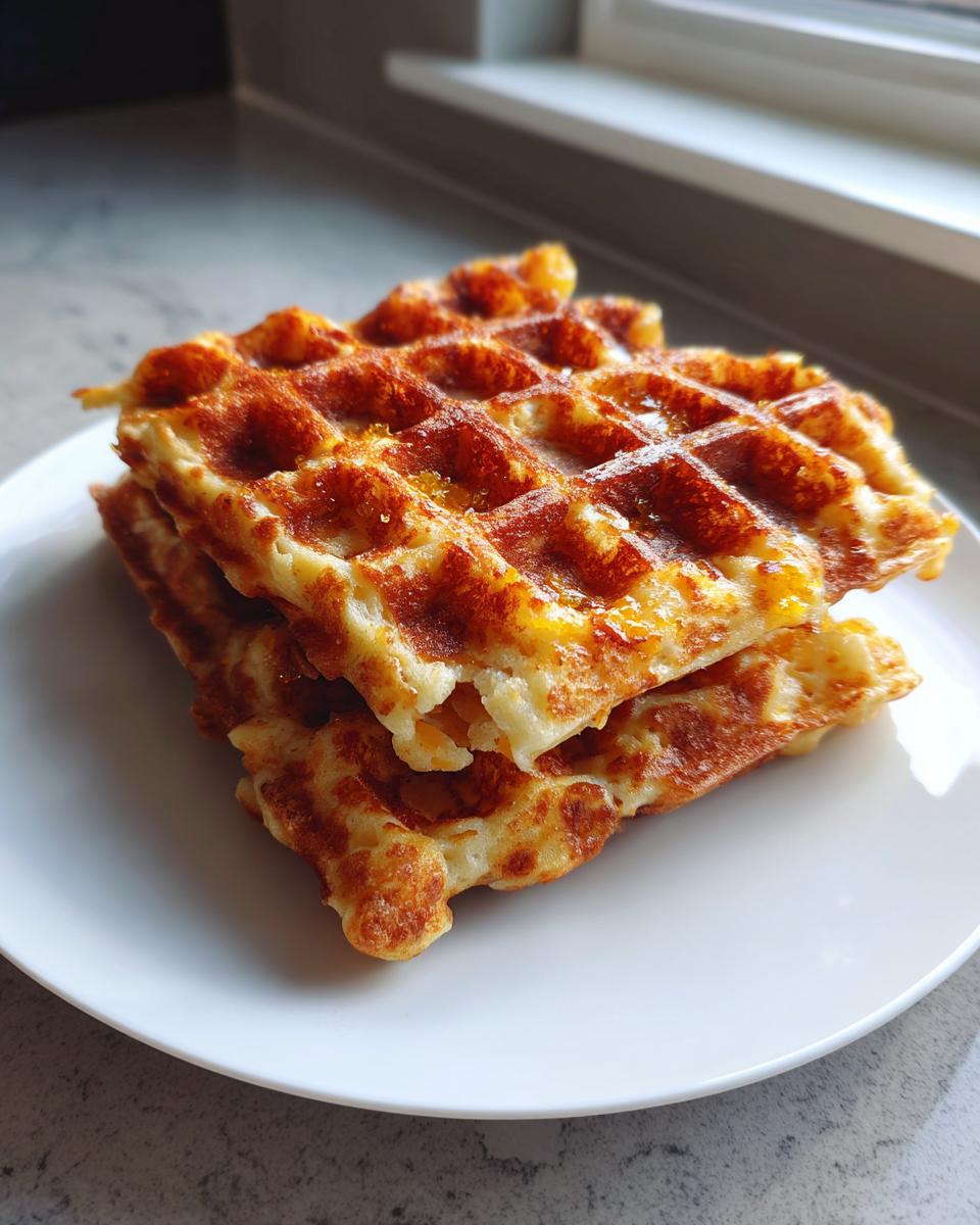 A stack of three golden brown cottage cheese waffles with caramelized edges served on a white plate.