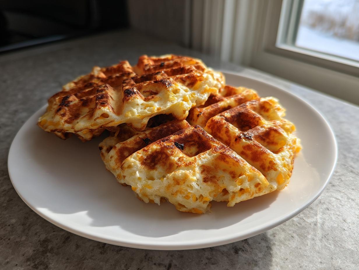 Close-up of golden brown cottage cheese waffles stacked on a white plate, illuminated by window light.