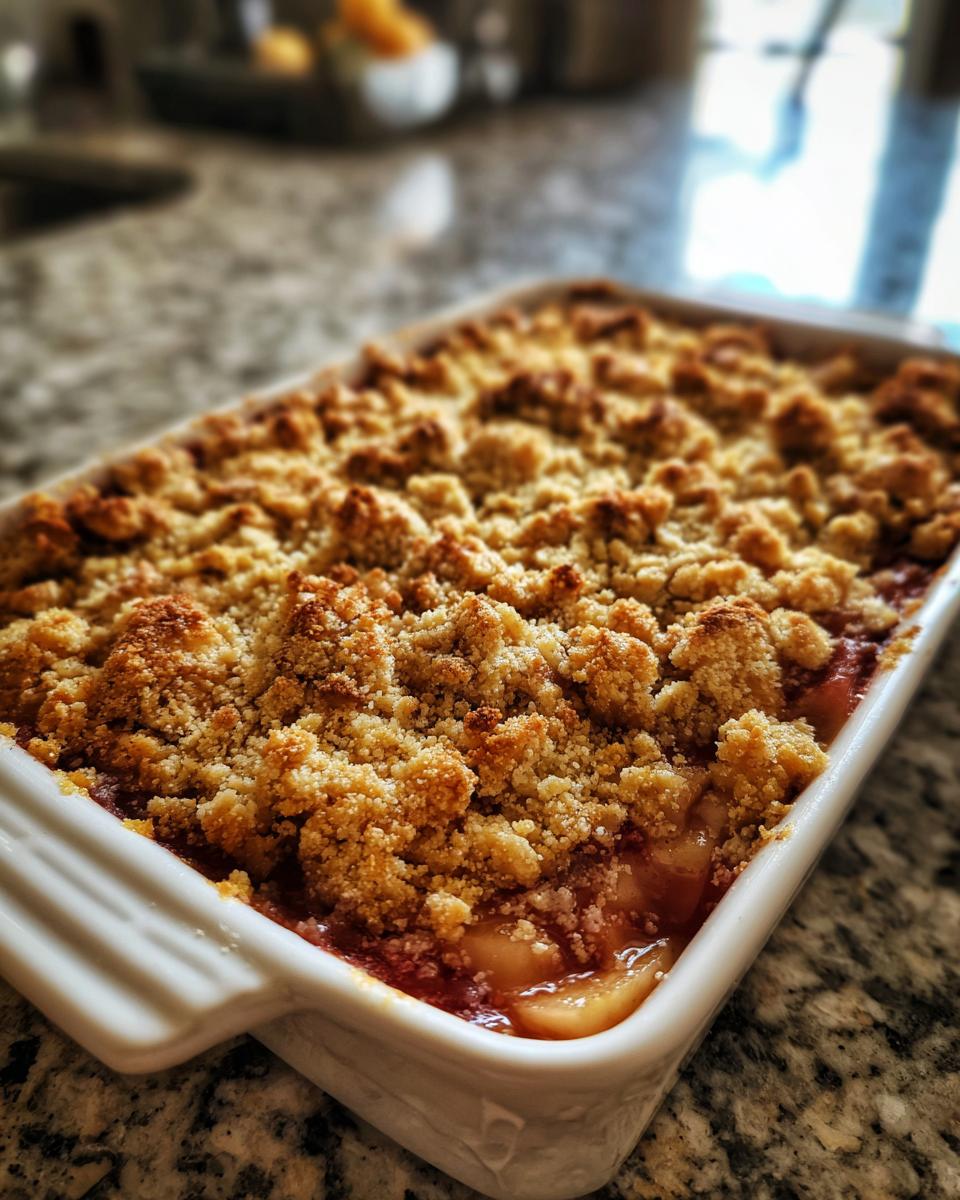 Close-up of a freshly baked keto rhubarb crisp with a golden brown, crumbly topping in a white rectangular baking dish.