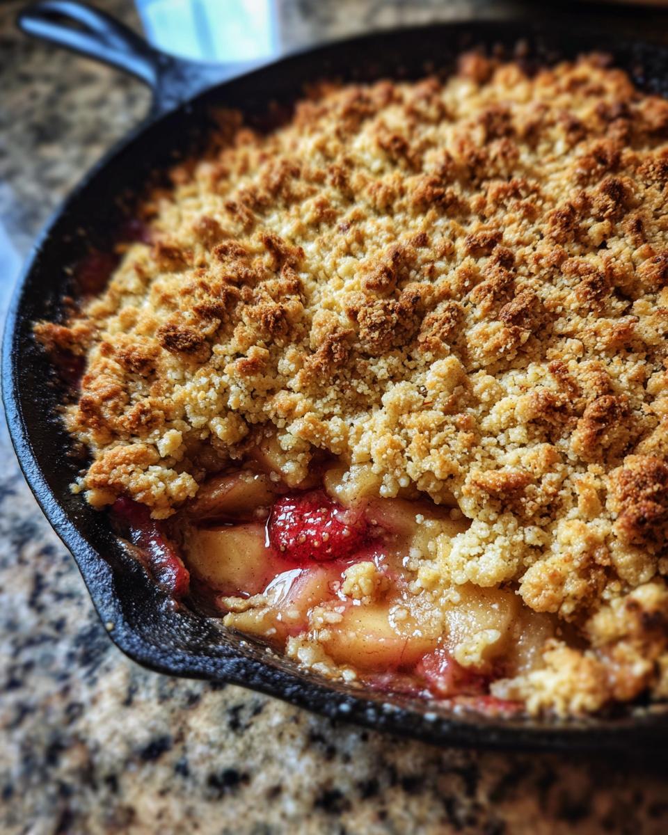 Close-up of a freshly baked keto rhubarb crisp in a cast iron skillet, showing a golden, crumbly topping over bubbling fruit filling.