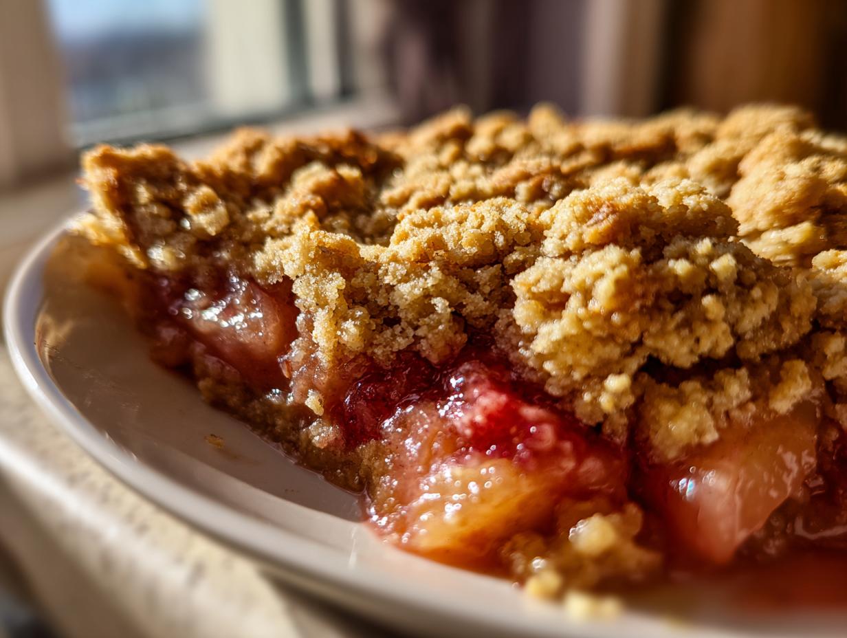 Close-up of a juicy slice of keto rhubarb crisp showing the bright red filling and golden brown, buttery crumble topping.
