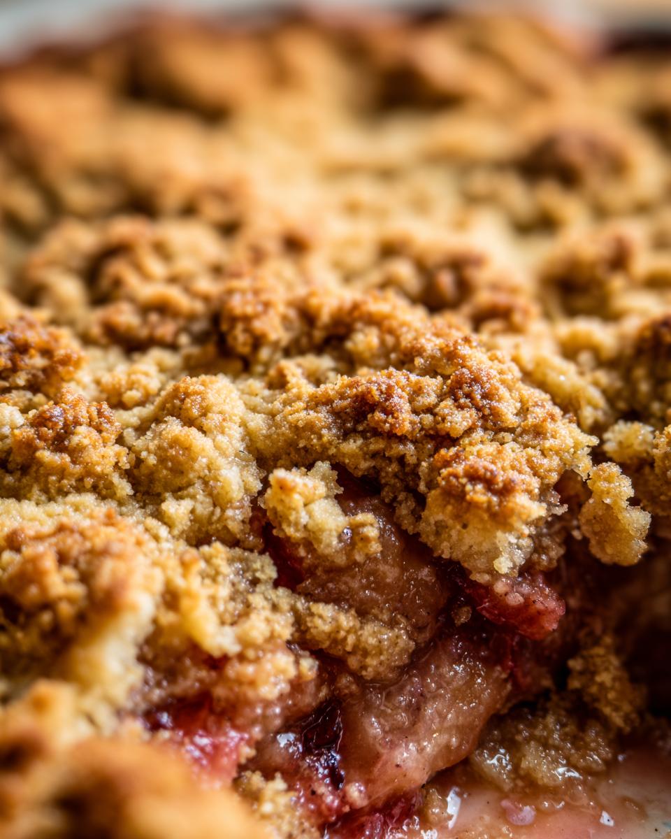 Extreme close-up of the golden, crumbly topping on a fresh keto rhubarb crisp, showing bubbling fruit underneath.