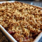 Close-up of a freshly baked keto rhubarb crisp with a thick, golden-brown, crumbly topping.