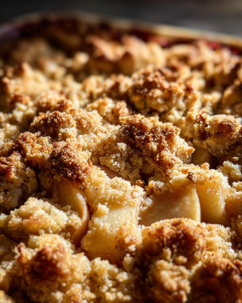 Extreme close-up of the golden brown, crumbly topping on a freshly baked keto rhubarb crisp.