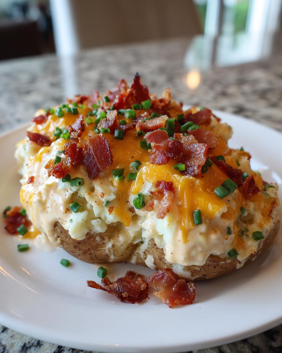 A baked potato filled with creamy filling, melted cheddar cheese, bacon bits, and chives, resembling a smashed potato salad topping.